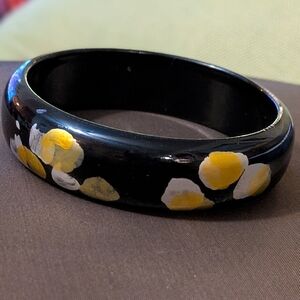 Vintage Black Lucite Bangle Bracelet With Gold And Silver Abstract Design